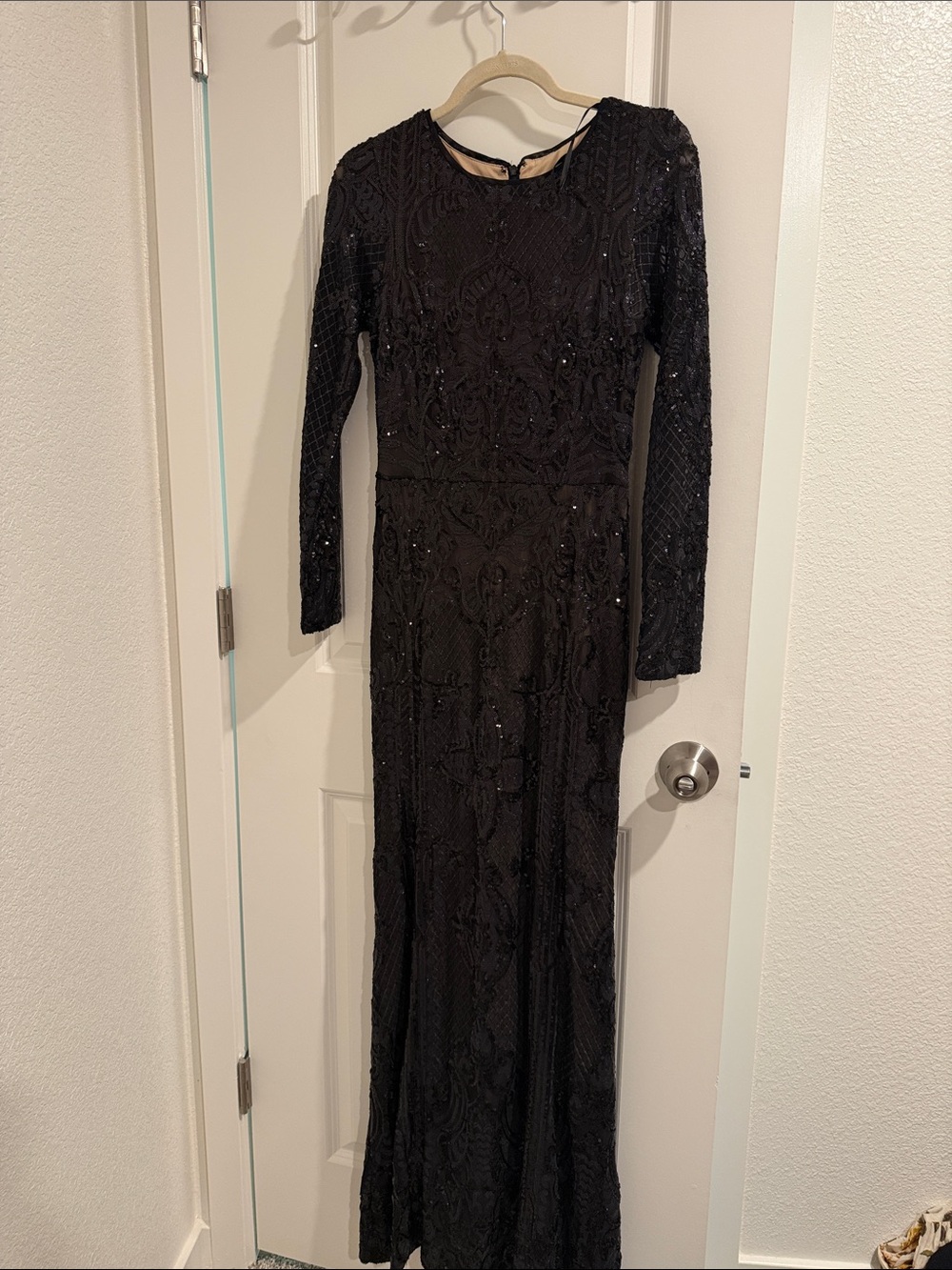 Black Beaded Long-Sleeve Evening Dress